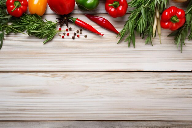 verduras en una mesa de madera que incluye verduras y frutas