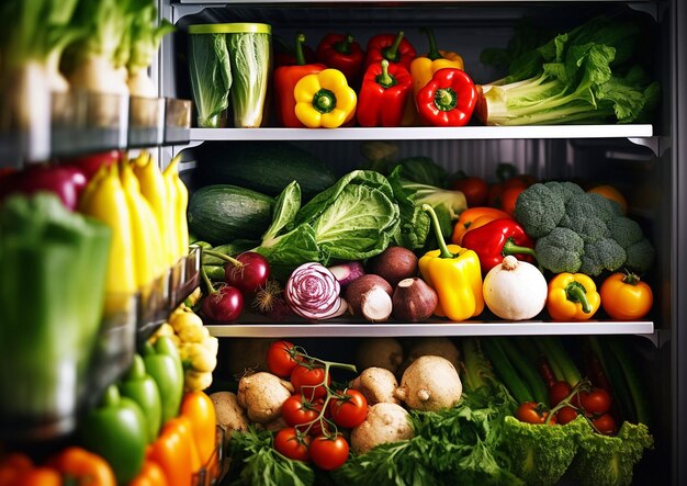 Verduras orgánicas crudas frescas en refrigerador abiertoEstilo de vida saludableAI generativa