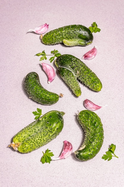 Verduras orgánicas feas de moda. Pepinos frescos, dientes de ajo, hojas de perejil. Cocinar el concepto de comida fea, moderna luz dura, sombra oscura. Fondo de hormigón de piedra