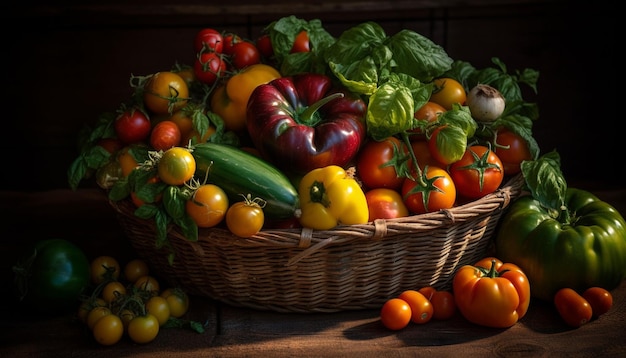 Verduras orgánicas frescas en una canasta de madera rústica en la mesa generada por la IA