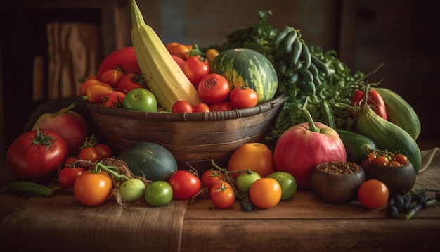 Verduras orgánicas frescas en una cesta rústica de otoño generada por IA