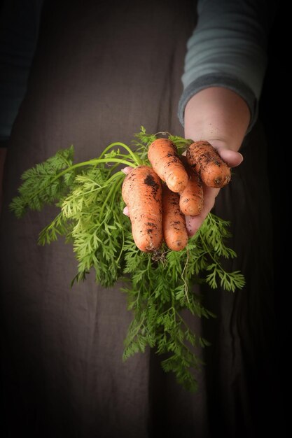 Verduras orgánicas frescas cosechadas Las manos de los agricultores con zanahorias frescas en primer plano