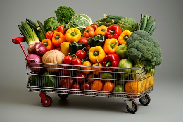 Verduras orgánicas frescas con frutas en un carrito generativo ai