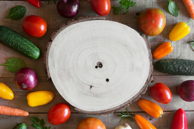 Verduras orgánicas frescas sobre un fondo de madera. Vista superior