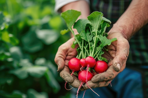 Verduras orgánicas Manos de agricultores con rábanos frescos