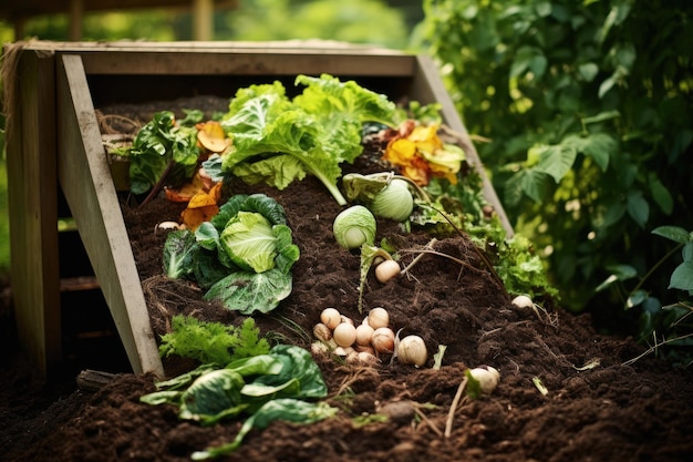 Verduras orgánicas que crecen en el jardín Concepto de comida vegetariana Compostaje casero verde Enriquecimiento del suelo con residuos orgánicos en compostador de jardín generado por IA
