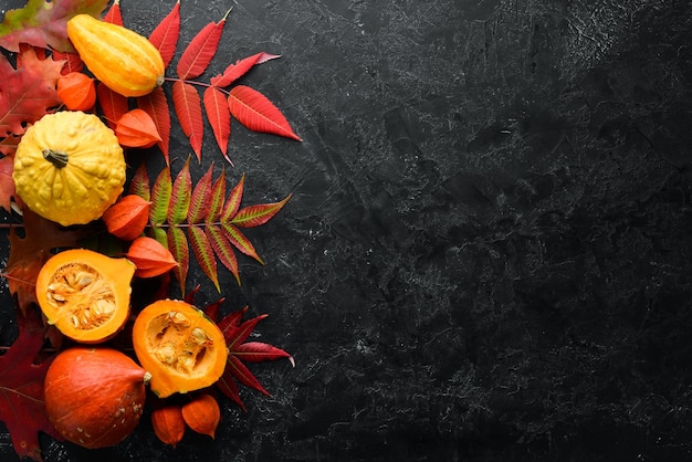 Verduras de otoño Calabaza con semillas de calabaza y hojas de otoño sobre un fondo de piedra negra Vista superior Espacio libre para el texto