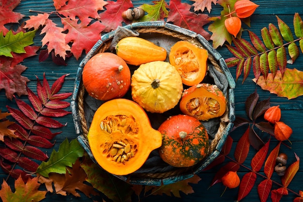 Verduras de otoño Calabazas de colores con hojas de otoño sobre un fondo de madera azul Vista superior Espacio libre para el texto