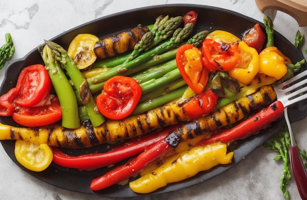 Foto verduras a la parrilla con espárragos, tomates cerezos y espárragos verdes