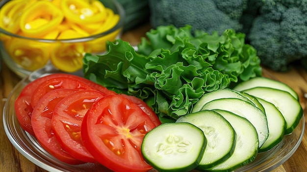 Foto las verduras que consisten en verduras de mostaza, tomates y pepinos están listas para generativa ai