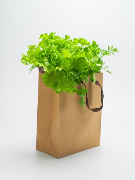 Verduras recém-colhidas em uma sacola de papel artesanal em um fundo branco