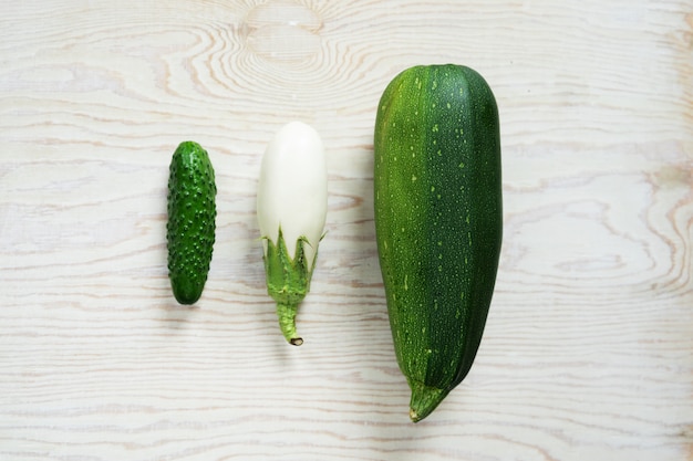 Verduras, repollo, pepino, eneldo y berenjena blanca sobre un fondo claro.