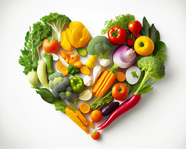 Verduras saludables dispuestas en forma de corazón sobre un fondo blanco.