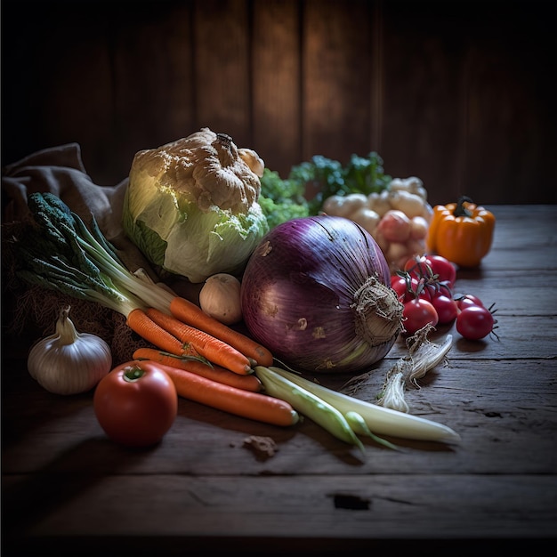 Verduras saludables en la mesa de madera