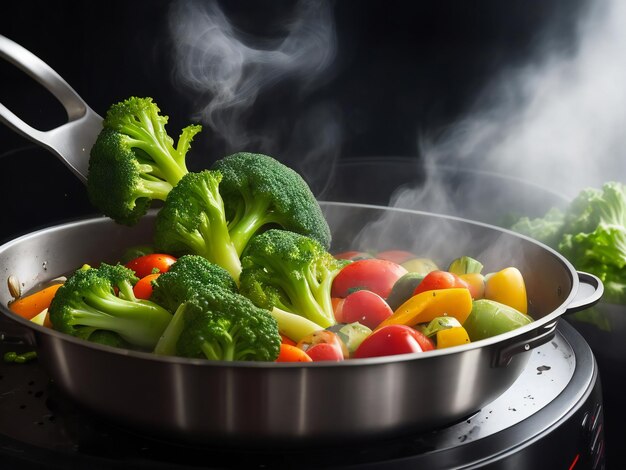 Foto verduras en una sartén sobre un fondo negro con humo