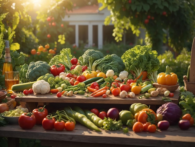 Verduras sobre una mesa en un jardín bajo la luz del sol