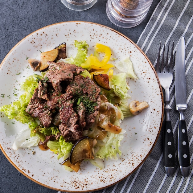 Verduras de ternera asadas. Sabrosa ensalada de carne.