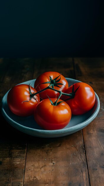 Las verduras de tomate maduras se exhiben hermosamente en la mesa de la cocina
