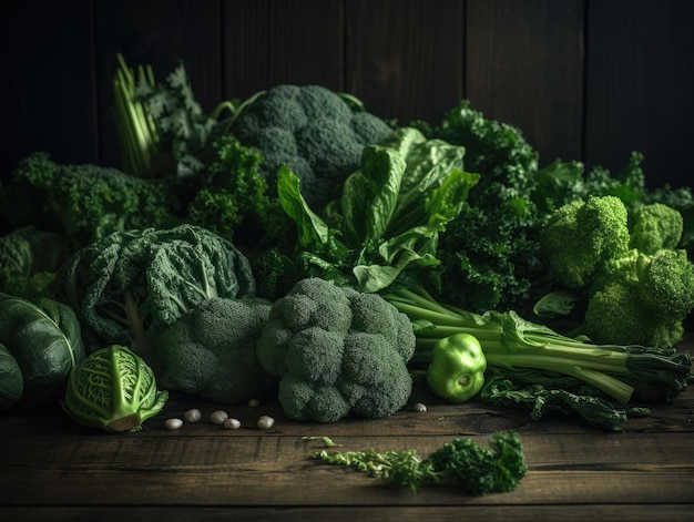 Verduras verdes en una mesa de madera ai generativo