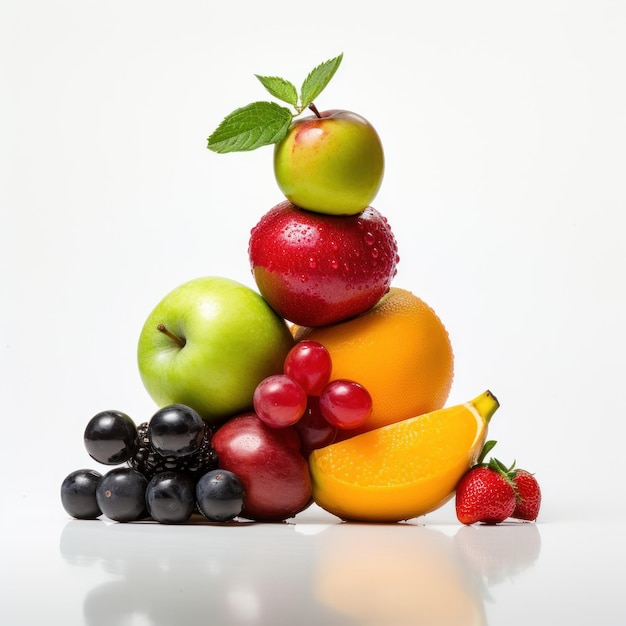 Vereinfachte Früchte auf weißem Hintergrund, KI generiert