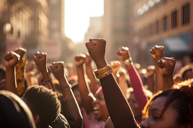 Vereinigte afroamerikanische Frauen und Männer bei einer Solidaritätsrally mit erhobenen Fäusten