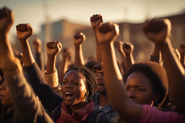 Vereinigte afroamerikanische Frauen und Männer bei einer Solidaritätsrally mit erhobenen Fäusten