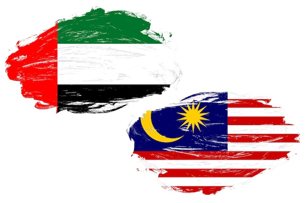 Vereinigte arabische emirate und malaysia-flagge zusammen auf einem weißen strichbürstenhintergrund