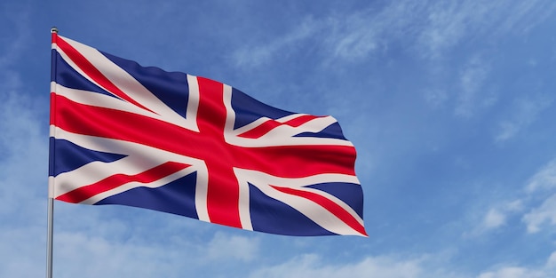 Vereinigtes Königreich Flagge am Fahnenmast auf blauem Himmelshintergrund Die Flagge von Großbritannien im Wind flattern vor einem Himmel mit weißen Wolken Platz für Text 3D-Darstellung