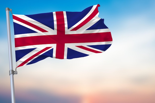 Vereinigtes Königreich Flagge auf blauem Himmel mit Nationalemblem offizielles Emblem des Vereinigten Königreichs