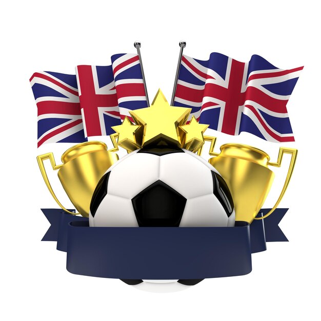 Vereinigtes Königreich Flagge Fußball Gewinner Emblem mit Trophy Stars Ball und Band 3D-Rendering