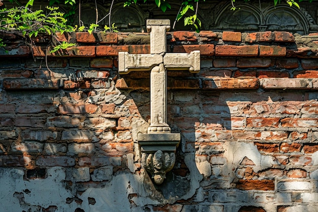 verfallene Ziegelsteinmauer mit Überresten architektonischer Entwürfe