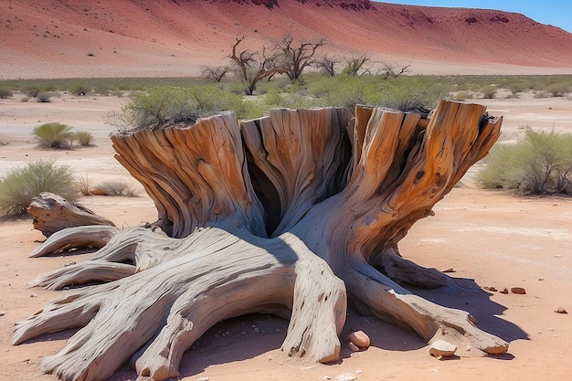 Verfestigter und mineralisierter Baumstamm Tourist im berühmten Nationalpark der verfestigten Wälder in Khorixas, Namibia