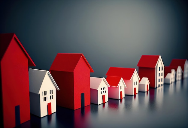Verfolgen des Immobilienpreisdiagramms des Marktes mit Miniaturhäusern in Weiß und Rot Generative KI