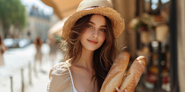 Verführerische Frau trägt ein französisches Brot auf dem Bürgersteig