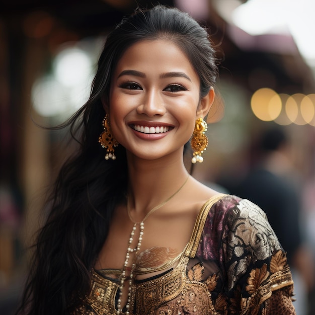 Verführerische Lächeln, die die Anmut einer schönen thailändischen Frau in einem lebendigen Kleid einfangen