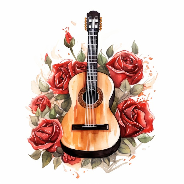 Verführerische Melodien bei der Herstellung einer Aquarell-Spanischen Gitarre, die mit schwarzen und roten Rosen und Clipa geschmückt ist