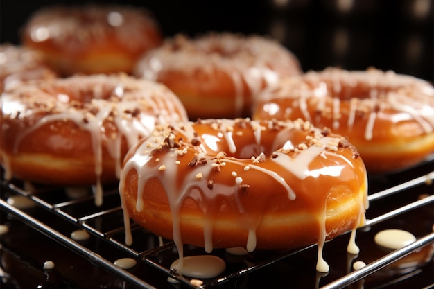 Verführerische Szene mit warmen glasierten Donuts auf einem Backscheiben