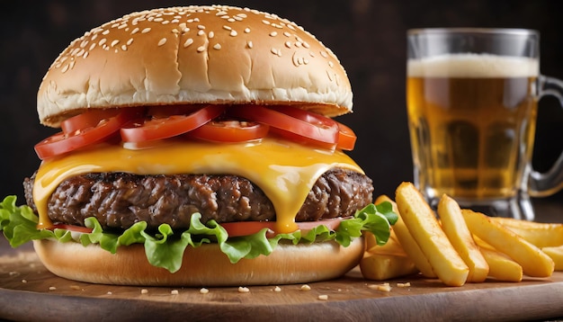 Verführerischer Genuss: Schmelzender Cheeseburger und ein Glas Bier, erzeugt von KI