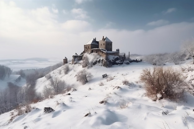 Vergessene mittelalterliche Burg und kleine Siedlung und generative Luft im kalten Winter