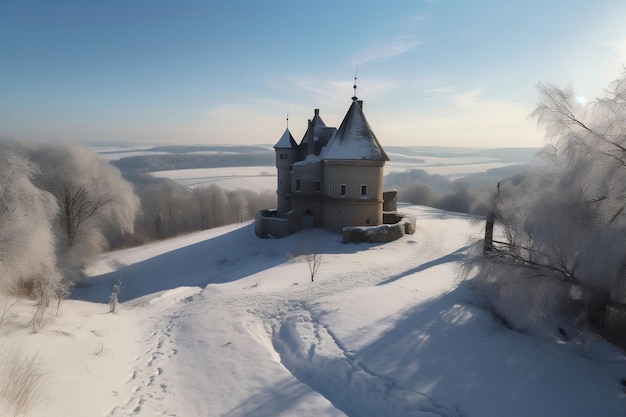 Vergessene mittelalterliche Burg und kleine Siedlung und generative Luft im kalten Winter