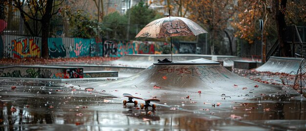 Vergessenes, regenbewaffnetes Skateboard in einem verlassenen städtischen Skatepark