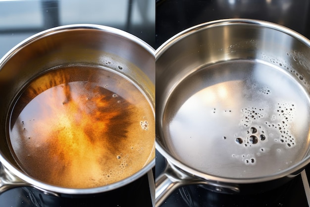 Foto vergleichen sie vor und nach der reinigung das bild einer verbrannten pfanne mit der sauberen, wie neu glänzenden pfanne in der küche