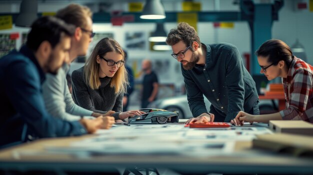 Vergnügen sich bei einer Veranstaltung und diskutieren über ein Modellauto in einem Gebäude