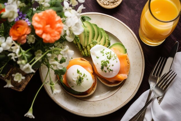 Foto vergnügen sie sich mit einem gesunden morgen-spread, köstlichen eiern royale, scharfem orangensaft und lebhaftem gree.