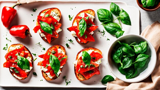 Vergnügen Sie sich mit geschmackvoller gerösteter roter Pfeffer Ricotta Bruschetta