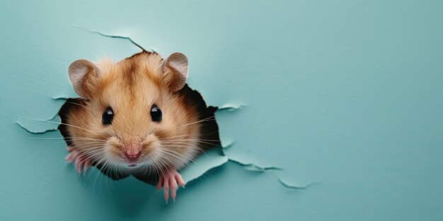 Vergrößern Sie das Bild von einer blauen Mauer und einem Hamster in einem hohlen blauen Loch.