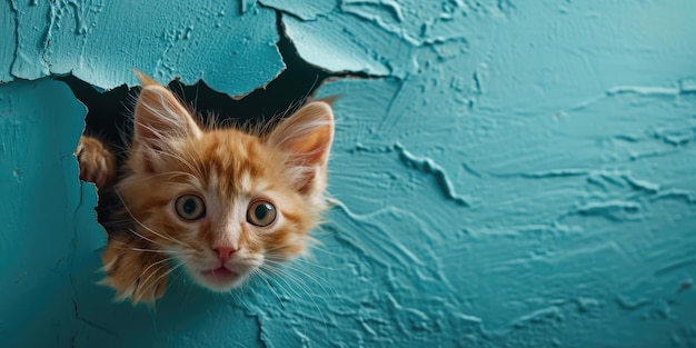 Vergrößern Sie das Bild von einer blauen Mauer und einer Katze im hohlen blauen Loch.