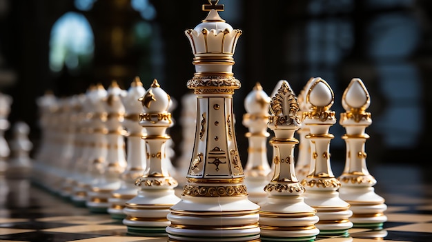 Vergrößern Sie die Nahaufnahme eines Schachspiels mit Figuren und Figuren aus Weiß, Rot und Gold als echte Alexa