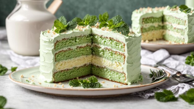 Vergrößern Sie die Scheiben eines grünen Creme-Keks, die ordentlich auf einem weißen Teller angeordnet sind.