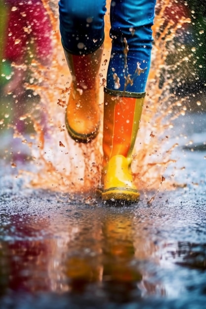 Vergrößern Sie ein Paar bunte Gummistiefel, die durch Pfützen planschen. KI-generativ